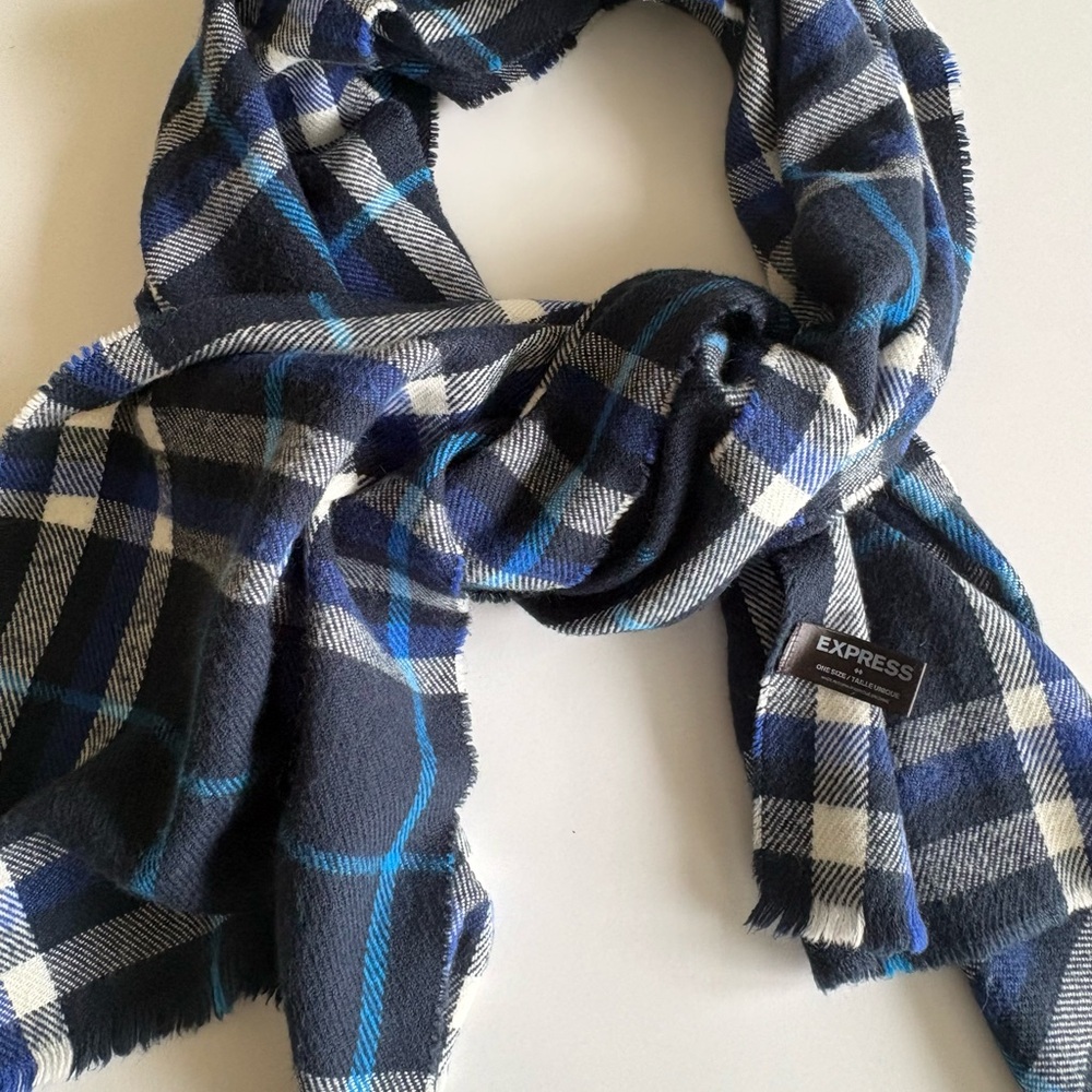 Express cozy Blue Plaid Blanket Scarf | Fringe | One Size